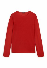 Haut rouge à manches longues en tissu lisse et uni, avec un col rond et une coupe ajustée. Aucun motif ou ornement visible.