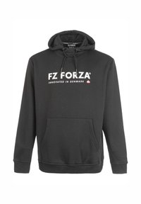 Svart hoodie i mjukt tyg, med en framficka, snören och en vit tryckt logotyp "FZ FORZA® INNOVATED IN DENMARK."