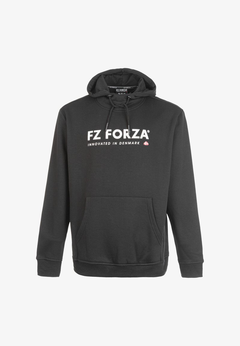 Svart hoodie i mjukt tyg, med en framficka, snören och en vit tryckt logotyp "FZ FORZA® INNOVATED IN DENMARK."