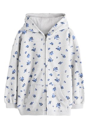 Hanorac gri deschis cu fermoar, imprimeu floral albastru, buzunare frontale, manșete striate și glugă atașată.