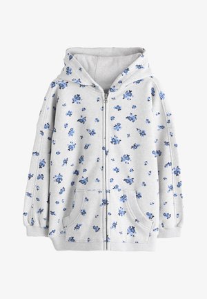 Lysegrå hættetrøje med lynlås, blå blomstermønster, forlommer, ribstrikkede manchetter og fast hætte.