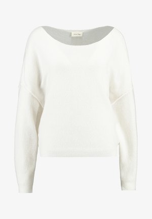 White knitted sweater with a wide neckline, dropped shoulders, and long sleeves. Soft texture with ribbed hem and cuffs. Simple design.