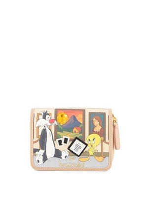 Portafoglio con i personaggi dei cartoni animati Sylvester e Tweety in un ambiente di galleria d'arte con dipinti e piccole foto incorniciate, rifinitura beige, chiusura a zip.