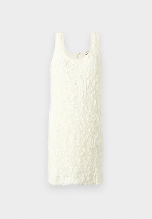 Rochie albă fără mâneci, cu suprafață texturată, decorată cu paiete mici și strălucitoare. Design cu croială dreaptă și închidere cu fermoar la spate.