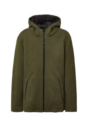 Olivgrüner, strukturierten Reißverschlussjacke mit Kapuze und zwei schrägen Taschen auf der Vorderseite, auf einem weißen Hintergrund gezeigt.