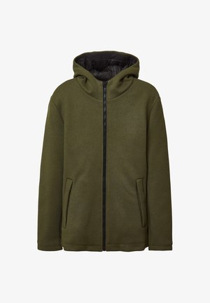 Olivgrüner, strukturierten Reißverschlussjacke mit Kapuze und zwei schrägen Taschen auf der Vorderseite, auf einem weißen Hintergrund gezeigt.