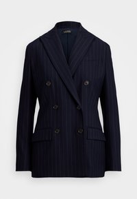 Maritieme streep dubbelgebreeerde blazer met twee voorkruiszakken, notch-revers en vijf zwarte knopen. Soepele stoftextuur en een op maat gemaakte pasvorm.