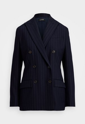 Navy pinstripe double-breasted blazer with two front pockets, notched lapels, and five black buttons. Smooth fabric texture and tailored fit.