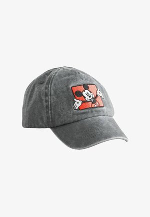 Gray baseball cap with a red patch featuring Mickey Mouse with open arms embroidered on the front.