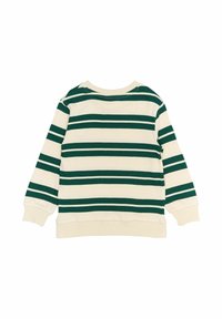 Kremkrāsas crewneck džemperis ar tumši zaļām horizontālām svītrām, ribinātiem piedurknēm un apakšmalu, mīkstas auduma struktūras un brīvu piegriezumu.