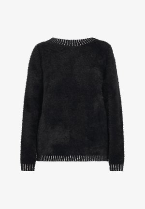 Black fuzzy sweater with long sleeves, round neckline, and contrasting light trim along the collar. Soft texture and loose fit.