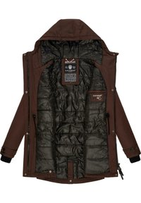 Brown outer jacket with a black, quilted inner lining. Features include a hood, zippers, snap buttons, and labels on the lining.