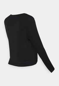 Camisa preta de manga longa com decote arredondado e um corte relaxado. Tecido suave com um brilho sutil, com costura decorativa ao longo da barra.