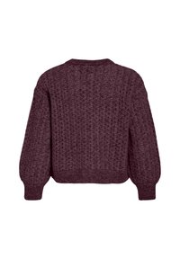 Pflaumenlila Strickpullover mit strukturiertem geometrischem Muster, langen puffärmel und gerippten Bündchen und Saum, von hinten gezeigt.