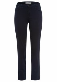 Námořnické modré slim-fit džíny vyrobené z bavlněné směsi. Obsahují zapínání na knoflík, poutka na pásek a přední/zadní kapsy. Hladká textura.