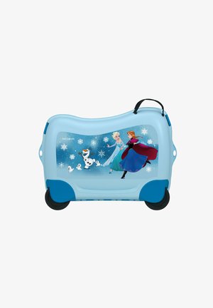 Valigia per bambini in plastica azzurra chiara, con personaggi di Frozen, inclusi fiocchi di neve e un design multicolore. Due ruote e un manico.