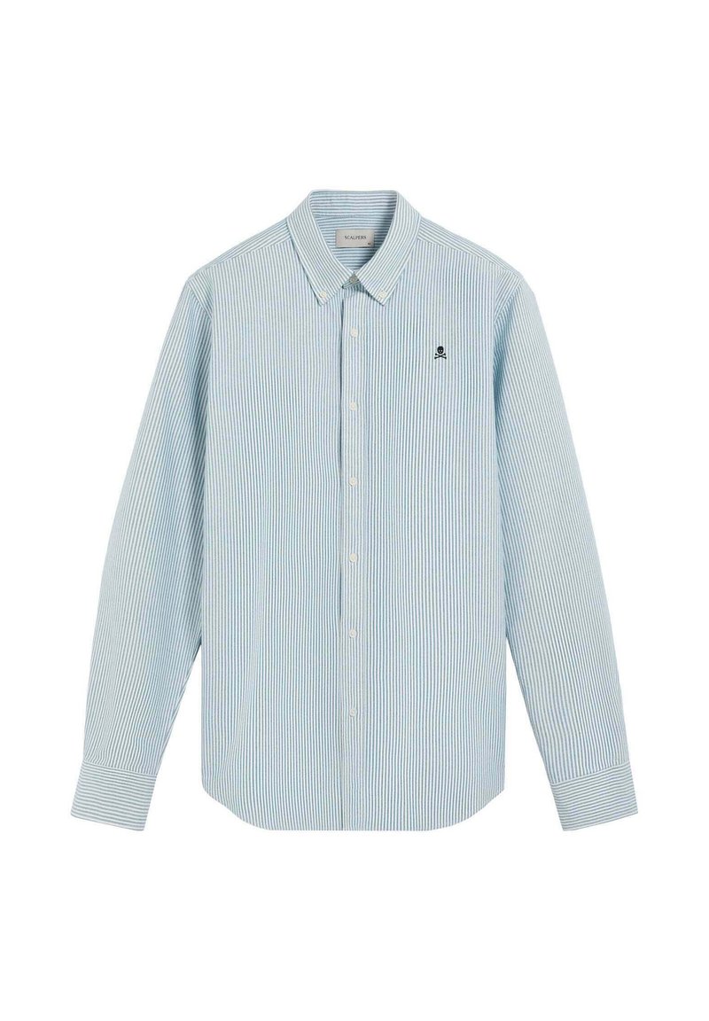 Camisa de rayas azul claro de manga larga con cuello botón, que presenta un pequeño logo negro en el pecho y un dobladillo recto.