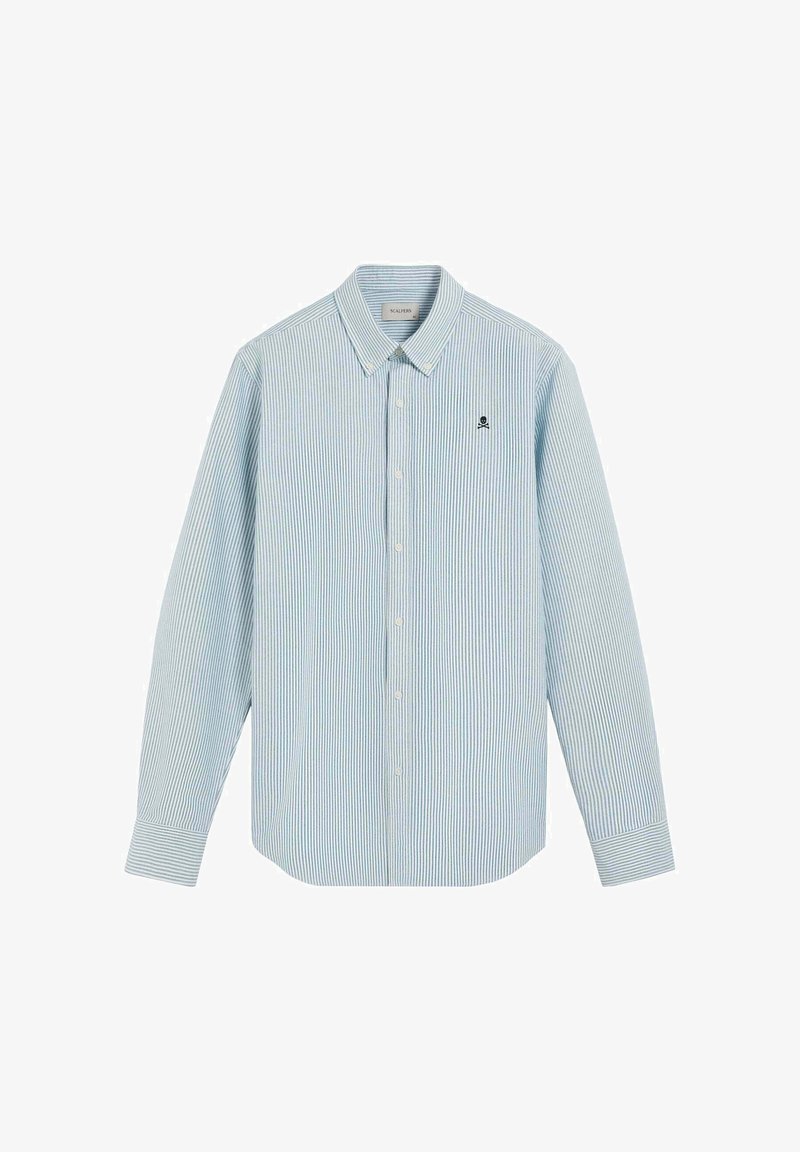 Ljusblå randig skjorta med lång ärm och knapphålskrage, som har en liten svart logotyp på bröstet och en rak fåll.