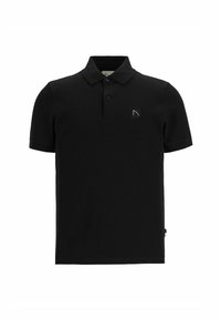 Melns polo krekls ar tekstūru, trīs pogām, īsām piedurknēm un mazu baltu logo uz krūšu daļas.