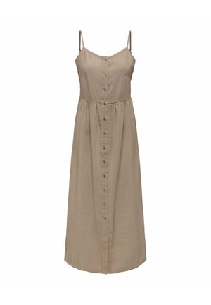 Robe midi beige sans manches avec fines bretelles et fermeture boutonnée devant, avec une taille froncée et un design simple et fluide.
