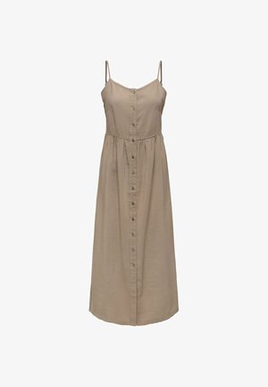 Robe midi beige sans manches avec fines bretelles et fermeture boutonnée devant, avec une taille froncée et un design simple et fluide.