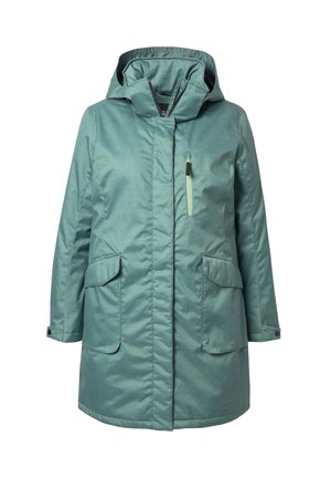 Veste verte à capuche en tissu texturé. Comprend une poche zippée, deux poches avant et des manches boutonnées. Design mi-long.