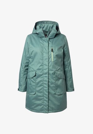 Grüne, kapuzenjacke aus strukturierter Stoff. Mit einer Reißverschlusstasche, zwei Fronttaschen und knöpfbaren Ärmeln. Mittellanges Design.