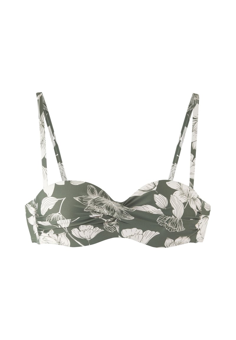 Kvetinový bikiny top v olivovo zelenej farbe, s bielymi kvetinovými vzormi, tenkými nastaviteľnými ramienkami a zhŕňanou látkou po stranách.