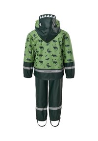 Combinaison de pluie verte pour enfants avec motif dinosaure, bandes réfléchissantes et capuche ornée d'yeux, de dents et de pics de dinosaure, vue de dos.