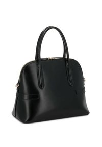 Melnas ādas rokassoma ar strukturētu formu, divām augšējām rokturiem, ar rāvējslēdzēju un minimālistisku noformējumu. Gluda tekstūra ar spīdīgu apdari.