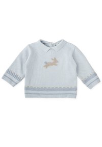 Pull en tricot bleu clair avec col, présentant un design de lapin beige et de subtils rayures horizontales aux poignets et à l'ourlet.