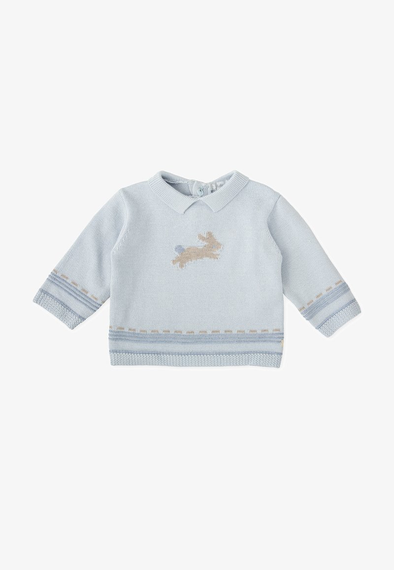 Pull en tricot bleu clair avec col, présentant un design de lapin beige et de subtils rayures horizontales aux poignets et à l'ourlet.