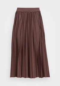 Brun plisserad midi-kjol med elastisk midjeband, tillverkad av ett slätt, glänsande tyg som faller elegant till fållen.