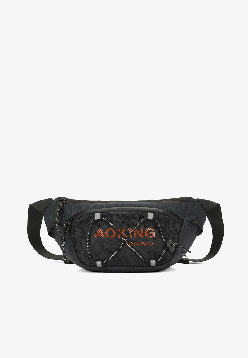 Sac banane noir avec sangle réglable, poche avant en mesh avec cordons élastiques, et texte orange "AOKING BACKPACK".