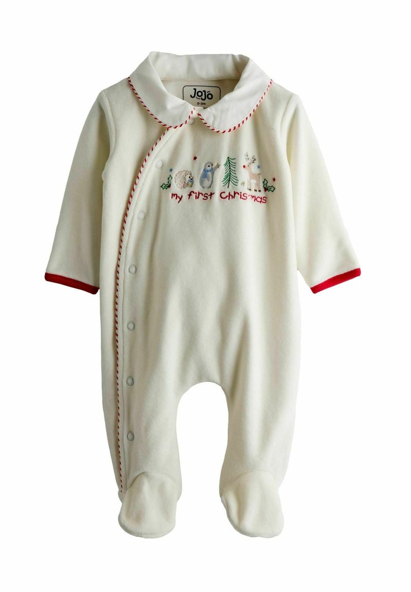 Combinaison en polaire blanche pour bébé avec des accents rouges, fermeture intégrale à pressions à l'avant, col et broderie festive représentant des animaux avec "mon premier Noël".
