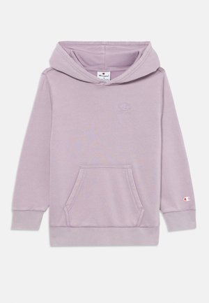 Hoodie violet clair en tissu doux, avec une poche avant, un capuche avec cordon de serrage, et un logo sur la poitrine et la manche.