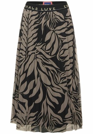 Jupe noire plissée avec grand motif de feuilles tropicales beige, taille élastique avec texte doré "EMBRACE LOVE".