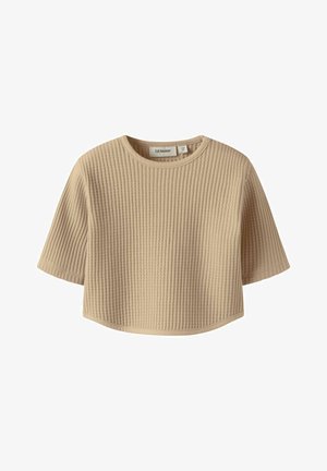 Beige cropped t-skjorte laget av ribbestrikket stoff. Har korte ermer, rund hals og rett nederkant med et teksturert mønster. Synlige merkelapper.