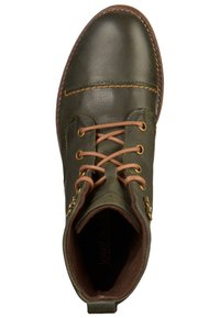 Kožená bota v tmavě zelené barvě s hnědými akcenty. Obsahuje kulaté tkaničky, kulaté očka a měkkou vnitřní podšívku. Pevná podrážka s detailem šití.