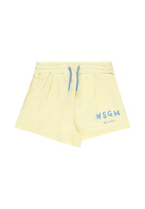 Pantaloncini giallo chiaro con coulisse blu e la scritta "MSGM Milano" stampata in blu sulla parte anteriore, in basso sulla gamba destra, vita elastica e tasche laterali.