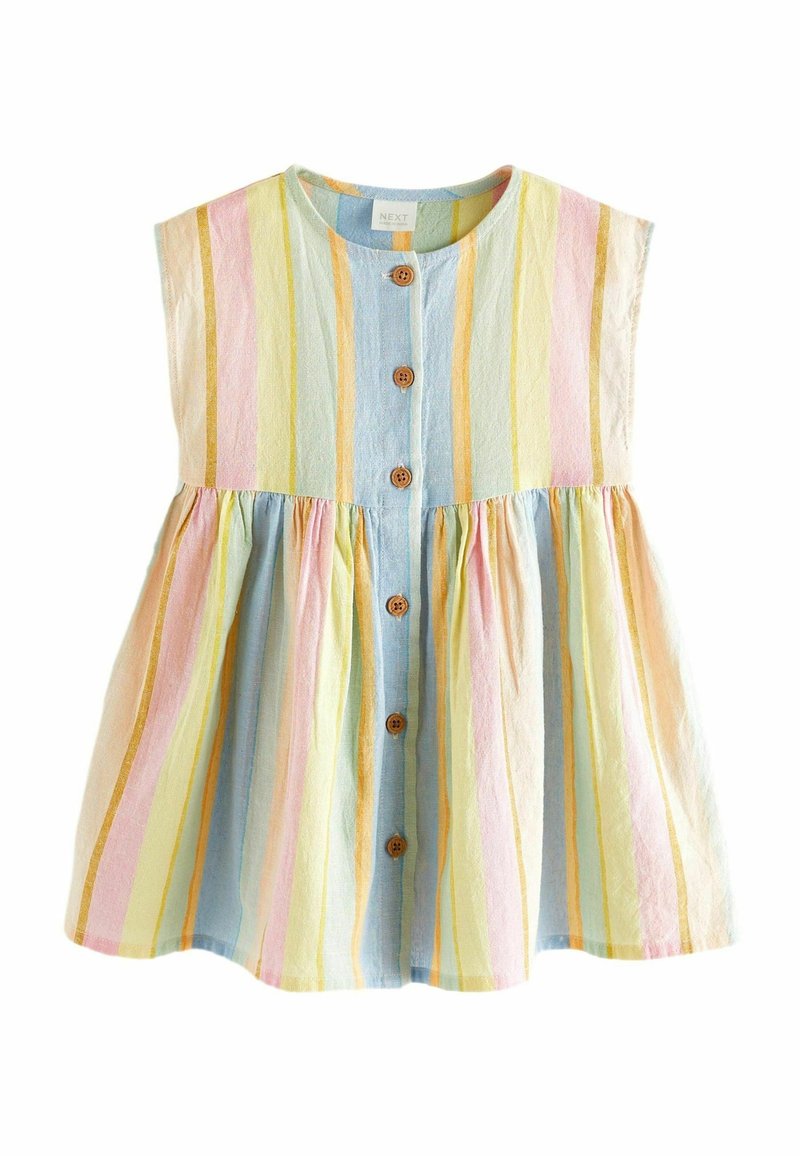 Robe rayée aux couleurs pastel avec des rayures verticales en rose, jaune et bleu. Dotée d'une fermeture à boutons à l'avant et d'une taille froncée.