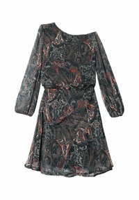 Vestido de manga larga con un estampado de paisley en verde oscuro, que cuenta con cintura elasticada y un tejido suave y texturizado. Tiene un dobladillo acampanado y un escote redondo.