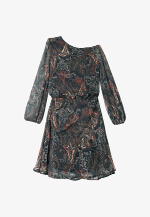 Vestido de manga larga con un estampado de paisley en verde oscuro, que cuenta con cintura elasticada y un tejido suave y texturizado. Tiene un dobladillo acampanado y un escote redondo.