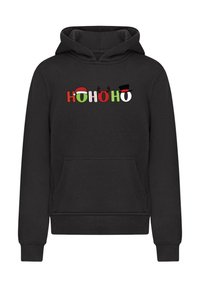 Svart hoodie med en framficka. Får med färgglatt "Ho Ho Ho"-text med julmotiv: en tomteluva, renhorn och en snögubbes hatt.