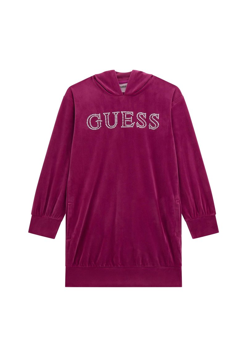Fuksijos veliūro džemperinės suknelės ilgomis rankovėmis, su šonkauliniais rankogaliais, ir žodžiu "GUESS" deimantėliais ant krūtinės. Minkšta, struktūruota medžiaga.