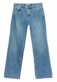 Jeans azzurri chiari a gamba dritta realizzati in denim. Presentano cinque tasche, passanti per la cintura e cuciture visibili. Design classico e informale.