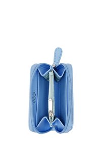 Light blue wallet made of leather with a zip closure, features an internal coin pocket and two compartments for cards or cash.