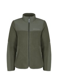Giacca verde oliva con corpo in fleece, pannelli testurizzati, colletto alto e zip frontale. Presenta il logo del marchio sul petto. Vestibilità regolata.