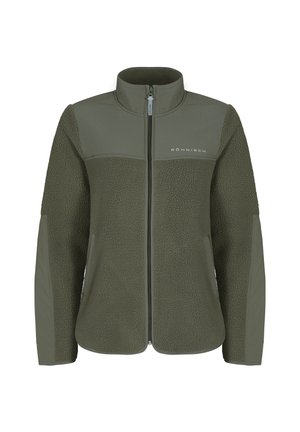 Chaqueta verde oliva con cuerpo de forro polar, paneles texturizados, cuello alto y cremallera frontal. Presenta el logotipo de la marca en el pecho. Ajuste entallado.