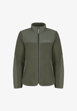 Chaqueta verde oliva con cuerpo de forro polar, paneles texturizados, cuello alto y cremallera frontal. Presenta el logotipo de la marca en el pecho. Ajuste entallado.